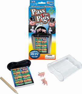 Pass the Pigs game by Winning Moves. The packaging features whimsical cartoon pigs in top hats. Included are a transparent dice cup, two pig figurines, a scorepad, and a pencil. The game invites players to roll the pigs as dice and score points based on their positions.