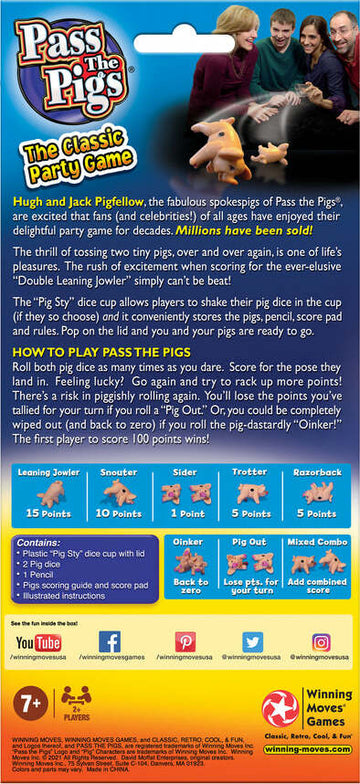 Pass the Pigs game by Winning Moves, featuring a vibrant packaging design that includes playful illustrations of pig dice, game instructions, and promotional graphics. The back of the box showcases how to play the game with scoring details for various pig poses. Ideal for parties, this classic game engages players with its easy-to-learn mechanics and fun visuals, perfect for ages 7 and up.