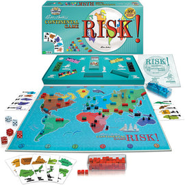The Risk board game by Winning Moves features a colorful world map with various territory regions. The game box is displayed at the top and includes game pieces like armies, dice, and cards laid out on the board. Players strategize to conquer territories as they engage in global domination over the map, emphasizing tactical gameplay.