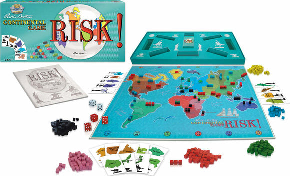 An image of the board game 'Risk!' by Winning Moves. The game includes a colorful map of the world with territories colored in various shades. Several red, green, blue, and black game pieces are scattered around the board, alongside dice and cards. The box of the game is shown, featuring the title 'Risk!' prominently. The layout suggests an engaging strategy game perfect for multiplayer fun.