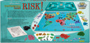 The game Risk presented in a colorful box with a world map game board, featuring various armies represented by colored pieces, dice, and strategy cards. The box highlights its classic reproduction status and features instructions for gameplay.
