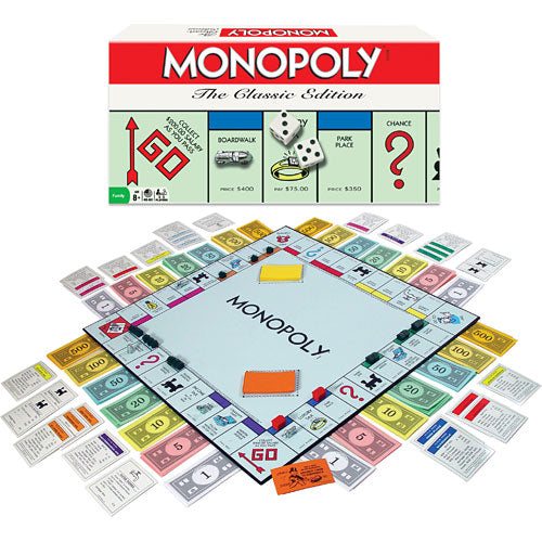 A classic Monopoly board game by Hasbro, featuring the game board with properties, community chest, chance cards, and monopoly money, alongside its colorful box. The game is set for 2 to 6 players and promotes strategic thinking and fun.