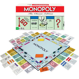 A classic Monopoly board game by Hasbro, featuring the game board with properties, community chest, chance cards, and monopoly money, alongside its colorful box. The game is set for 2 to 6 players and promotes strategic thinking and fun.