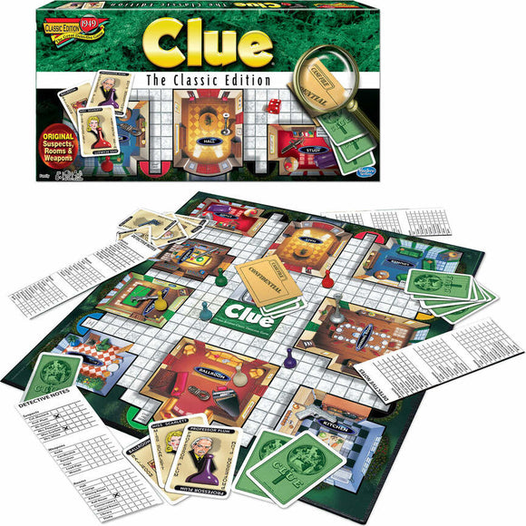 Clue board game by Winning Moves featuring the classic edition. The image shows the game board with rooms, suspect cards, and game pieces laid out. The box with the game title is visible in the background, highlighting its interactive gameplay and detective theme.