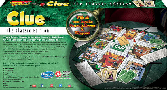 Clue Classic Edition game board featuring vibrant game pieces, suspect cards, and a detailed board layout depicting various rooms in the mansion. The game comes with a rotating magnifying glass graphic and highlights favorite characters, rooms, and weapons, inviting players to solve a classic murder mystery.