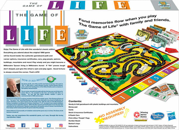 The Game of Life board game by Winning Moves, featuring a colorful game board with winding paths, plastic buildings, mountains, and play pieces. Includes money and insurance certificates. Ideal for family game nights and creating lasting memories.