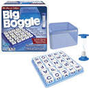 Big Boggle game by Winning Moves, featuring a larger grid with more letter cubes, an hourglass timer for timed play, and an additional bonus cube for optional gameplay. The box displays engaging graphics emphasizing its fun and educational aspects as a word game for families and friends.