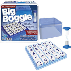 Big Boggle game by Winning Moves, featuring a larger grid with more letter cubes, an hourglass timer for timed play, and an additional bonus cube for optional gameplay. The box displays engaging graphics emphasizing its fun and educational aspects as a word game for families and friends.