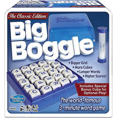 Big Boggle game from Winning Moves featuring a larger grid with more letter cubes for enhanced gameplay. The packaging showcases an hourglass timer and highlights special features like longer words and higher scores. Ideal for players aged 8 and above, designed for family fun in groups of 2 to 8 players.
