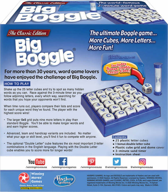 Big Boggle game box featuring the classic edition by Winning Moves. The box displays the game title in bold letters along with instructions on how to play. The game includes 25 letter cubes, a double letter cube, a 3-minute timer, and an instruction sheet. The game encourages players to find hidden words in a race against time, making it a fun and challenging word game for families and friends.