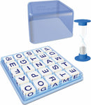 Big Boggle game by Winning Moves features a clear blue game tray with 25 letter dice. An hourglass timer is included for timed play, adding excitement as players form words from adjacent letters within the time limit.