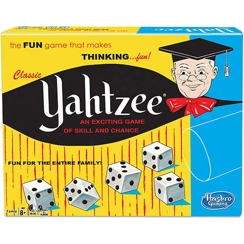 Classic Yahtzee game by Winning Moves featuring a colorful box with fun graphics. The box displays the game title 'Yahtzee' prominently, along with illustrations of dice and an educational theme involving skill and chance. Ideal for family game nights and gatherings, this classic game is designed for ages 8 and up.