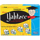 Classic Yahtzee game by Winning Moves featuring a colorful box with fun graphics. The box displays the game title 'Yahtzee' prominently, along with illustrations of dice and an educational theme involving skill and chance. Ideal for family game nights and gatherings, this classic game is designed for ages 8 and up.