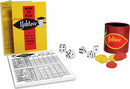 Classic Yahtzee game set by Winning Moves featuring a vibrant box with instructional play booklet, a score sheet, five white dice showing various numbers, and colored chips in red, yellow, and orange for scoring purposes.