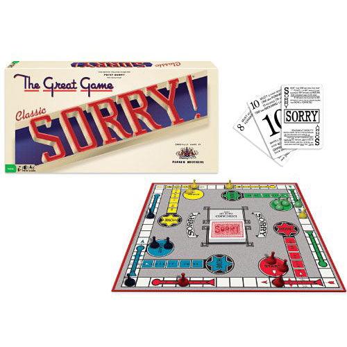 The Classic Sorry! game by Winning Moves featuring a colorful board layout with red, yellow, blue, and green player pieces and cards. The game box displays the title and design elements associated with the classic game. Perfect for family game nights and fun gatherings.