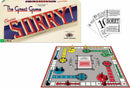 The classic Sorry! board game by Winning Moves. The image shows the game box featuring the title 'Classic Sorry!' in bold red letters. The colorful game board is laid out with spaces marked for gameplay, featuring four player tokens in red, blue, yellow, and green, and several playing cards beside the board. The aim is to move all your tokens to the home area while sending opponents back to start.