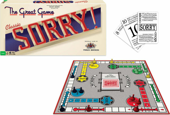 The classic Sorry! board game by Winning Moves. The image shows the game box featuring the title 'Classic Sorry!' in bold red letters. The colorful game board is laid out with spaces marked for gameplay, featuring four player tokens in red, blue, yellow, and green, and several playing cards beside the board. The aim is to move all your tokens to the home area while sending opponents back to start.