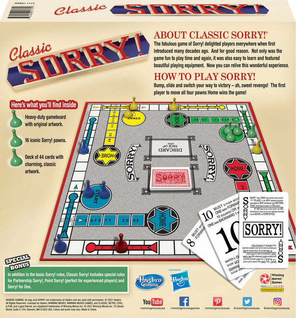 Classic Sorry! game by Winning Moves features a heavy-duty gameboard with original artwork. Includes 16 iconic tokens, a deck of 44 cards, and special rules for various play styles. Suitable for family fun and strategy, perfect for game nights.