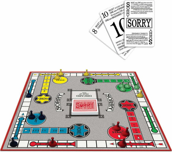 The game 'Sorry!' by Winning Moves features a colorful game board with four player starting positions in blue, green, yellow, and red. The board includes spaces labeled 'Start', 'Home', and 'Sorry', along with a stack of game cards that determine player actions. Players aim to move their pieces around the board while sending opponents back to start, making strategic moves and decisions based on card draws.
