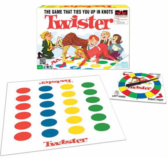 Twister board game by Winning Moves featuring a colorful game mat with red, yellow, green, and blue circles. The packaging showcases players laughing and trying to balance on the mat. The game includes a spinner for determining player moves, perfect for family fun and parties.