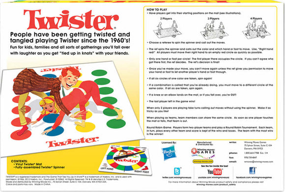 Twister game by Winning Moves featuring colorful mat and spinner. The game is depicted with players entangled, showcasing laughter and fun. Includes instructions and components information.