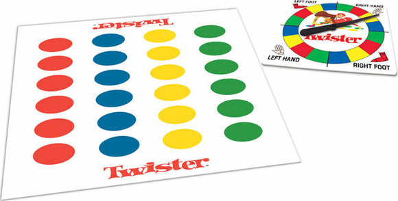 Twister game by Winning Moves featuring a colorful game mat with red, blue, yellow, and green circles and a spinner for gameplay instructions.
