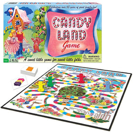 Candy Land board game by Winning Moves, featuring a vibrant game board with colorful paths, candy-themed illustrations, and playful character pieces. The game box showcases whimsical artwork, celebrating over 65 years of family fun. Ideal for children and families, this sweet adventure promotes color recognition and simple gameplay.