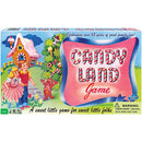Candy Land board game by Winning Moves, featuring colorful illustrations of a gingerbread house, children playing, and whimsical characters like a candy cane figure. The box highlights 'Celebrating over 65 years of great family fun!' and includes a warning for small parts.
