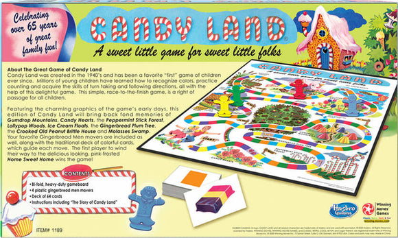 Candy Land game by Winning Moves, featuring a colorful game board with paths of candy and themed locations like Lollipop Mountain and Gingerbread Plum Tree. Includes game pieces in the shape of gingerbread men, a deck of cards, and instructions, perfect for family fun and teaching children about colors and following directions.