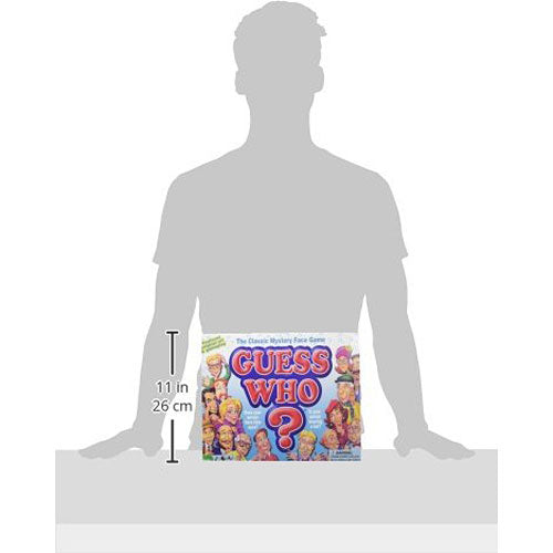 The Guess Who? classic mystery face game by Winning Moves is displayed in front of a person. The colorful game box features bold lettering and images of various character faces, inviting players to guess individuals based on yes or no questions. The product dimensions are noted as 11 inches in height (26 cm), emphasizing its standard size for tabletop gameplay. This engaging game fosters fun and interaction, perfect for family game nights or gatherings.