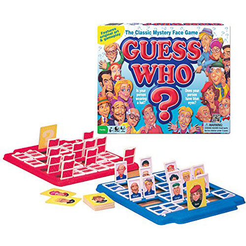 Guess Who? Classic game by Winning Moves features a colorful box with the game title prominently displayed. The game includes two boards, one red and one blue, each with character cards laid out. Players ask yes or no questions to guess the mystery person held by their opponent. Perfect for family game nights or friendly competitions.