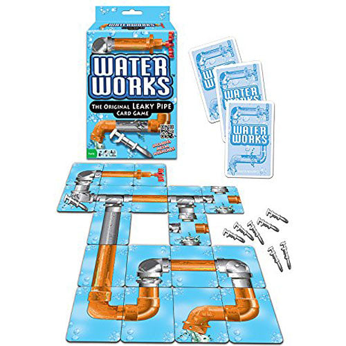 Waterworks card game by Winning Moves featuring a vibrant game board designed like a leaky pipe system. The game includes cards, pipe pieces, and screws for gameplay. Perfect for fun with family and friends.