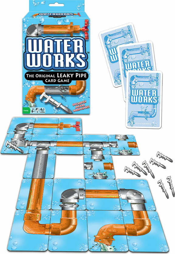 Waterworks card game by Winning Moves featuring a colorful box design and cards. The game includes a layout of leaky pipes and metal wrenches, making it a fun family game for ages 8 and up. Players aim to fix their pipes while avoiding leaks.