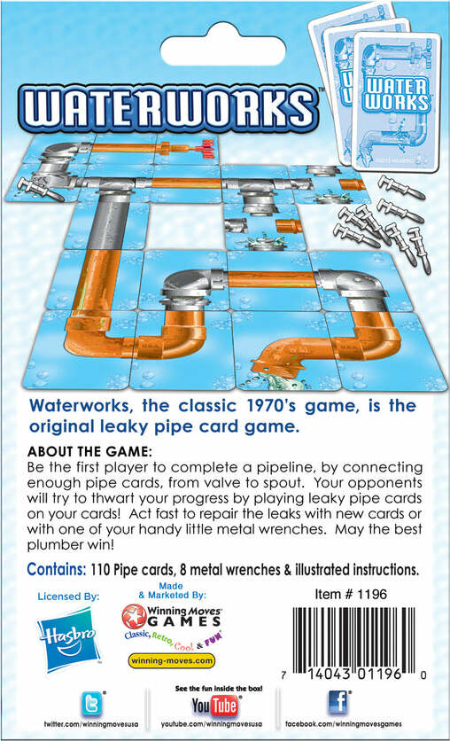 Waterworks is a classic card game from the 1970s, featuring colorful illustrations of pipe cards and leaky pipes. The game includes 110 pipe cards, 8 metal wrenches, and illustrated instructions, designed for players to connect pipe cards and complete a pipeline while preventing opponents from achieving the same. The vibrant packaging showcases the leaky pipe theme, perfect for fun family game nights.