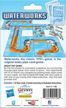 Waterworks is a classic card game from the 1970s, featuring colorful illustrations of pipe cards and leaky pipes. The game includes 110 pipe cards, 8 metal wrenches, and illustrated instructions, designed for players to connect pipe cards and complete a pipeline while preventing opponents from achieving the same. The vibrant packaging showcases the leaky pipe theme, perfect for fun family game nights.
