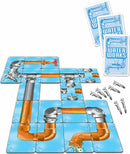 Waterworks game by Winning Moves. A colorful board game featuring a puzzle of interconnected pipes on a blue background with card pieces and game tokens. The game involves building and connecting pipelines to manage water flow for victory.