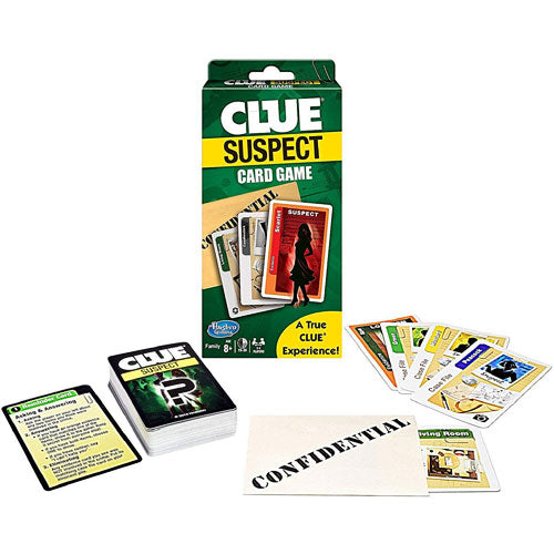 The Clue Suspects Card Game by Winning Moves, featuring a box with a vibrant green and yellow design. The game includes various cards, including suspect cards and action cards, laid out around the box. A 'CONFIDENTIAL' envelope is also visible, adding an element of intrigue. This engaging mystery card game invites players to solve whodunit scenarios.