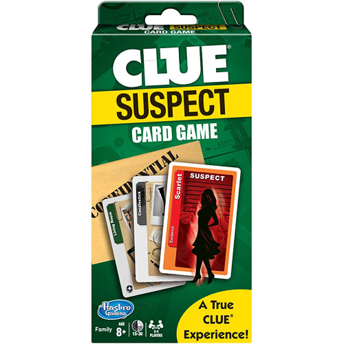 Clue Suspect Card Game by Winning Moves featuring a colorful box with the title and a set of cards that depict different suspects. The design includes vibrant artwork and a hint of mystery elements, suitable for ages 8 and above.