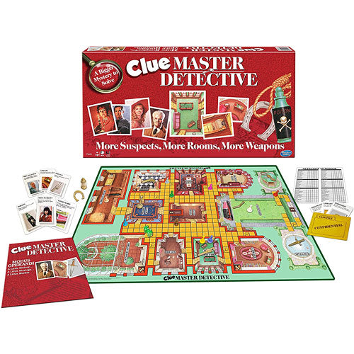 Clue Master Detective board game by Winning Moves displayed in its packaging. The set includes a colorful board showing various rooms, suspects, and weapons. Accessories such as cards and tokens are arranged around the board, enhancing the game's mystery theme. The box features vibrant graphics and highlights that it offers more suspects, rooms, and weapons than the original game.