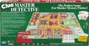 Clue Master Detective board game by Winning Moves. The game features a large game board with rooms, character pieces, and various clues scattered throughout. Ideal for murder mystery parties, it includes a game booklet with rules and strategies. The packaging displays vibrant colors with the title prominently featured, surrounded by imagery related to detective work.