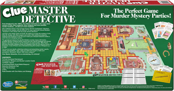 Clue Master Detective board game by Winning Moves. The game features a large game board with rooms, character pieces, and various clues scattered throughout. Ideal for murder mystery parties, it includes a game booklet with rules and strategies. The packaging displays vibrant colors with the title prominently featured, surrounded by imagery related to detective work.