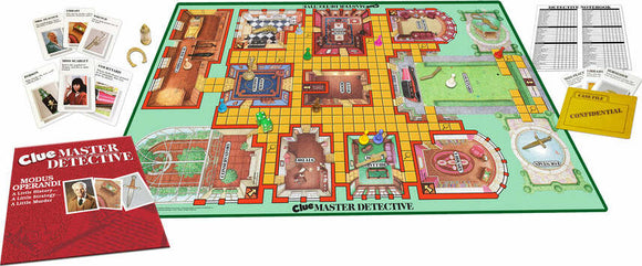 Clue Master Detective board game by Winning Moves. The image showcases a colorful game board with various rooms, player pieces in different colors, and detective notes. The game includes character and weapon cards, and a rulebook titled 'Modus Operandi'. Perfect for mystery lovers who enjoy strategic gameplay with friends and family.