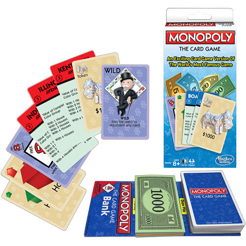 Monopoly: The Card Game by Winning Moves featuring various game cards, including property cards, money, and tokens. The packaging shows a colorful design with the iconic Monopoly logo and a description emphasizing its status as an exciting card version of the classic game. Items are displayed alongside the game box, showcasing the engaging gameplay elements such as the Wild card and the banknotes.