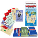 Monopoly: The Card Game by Winning Moves featuring various game cards, including property cards, money, and tokens. The packaging shows a colorful design with the iconic Monopoly logo and a description emphasizing its status as an exciting card version of the classic game. Items are displayed alongside the game box, showcasing the engaging gameplay elements such as the Wild card and the banknotes.