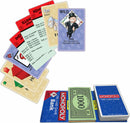 A vibrant display of Monopoly: The Card Game by Winning Moves, showcasing various game cards including Wild cards, property cards, and play money, all arranged in an appealing layout. The colorful design reflects the classic Monopoly theme, making it a fun and engaging game for family game nights.