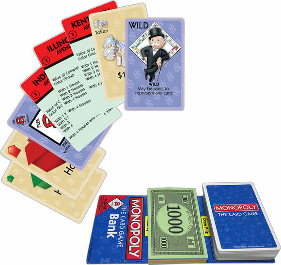 A vibrant display of Monopoly: The Card Game by Winning Moves, showcasing various game cards including Wild cards, property cards, and play money, all arranged in an appealing layout. The colorful design reflects the classic Monopoly theme, making it a fun and engaging game for family game nights.
