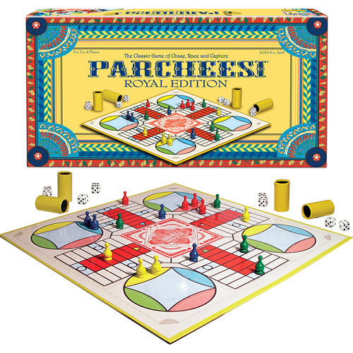 Parcheesi Royal Edition game by Winning Moves, featuring a colorful game board with a traditional layout. The board showcases various colored pawns, yellow and red dice, and stacking tubes. The box lid displays the game's name and design, capturing the essence of classic family game nights.
