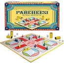 Parcheesi Royal Edition game by Winning Moves, featuring a colorful game board with a traditional layout. The board showcases various colored pawns, yellow and red dice, and stacking tubes. The box lid displays the game's name and design, capturing the essence of classic family game nights.