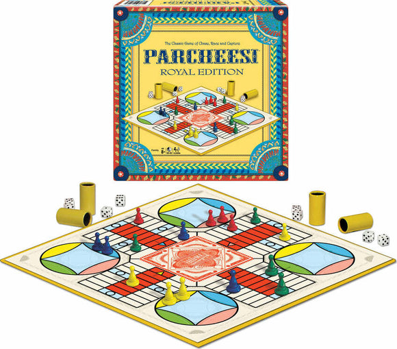 Parcheesi Royal Edition game by Winning Moves featuring a vibrant game board with colorful player pieces, yellow plastic tubes, and dice. The packaging displays the game's title and has intricate designs making it visually appealing. Perfect for family game nights, the board shows four colored sections and a central area to navigate pieces through.