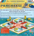 Parcheesi Royal Edition game by Winning Moves. Features a colorful deluxe gameboard with red, blue, yellow, and green pawns, along with dice and cups. The game is designed for players of all ages and emphasizes chase, race, and capture elements. It includes illustrated instructions and components for competitive play.